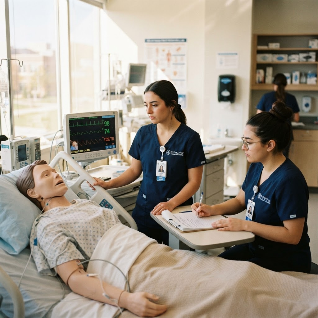 West Virginia Junior College nursing students in navy scrubs practicing patient care in a clinical skills lab