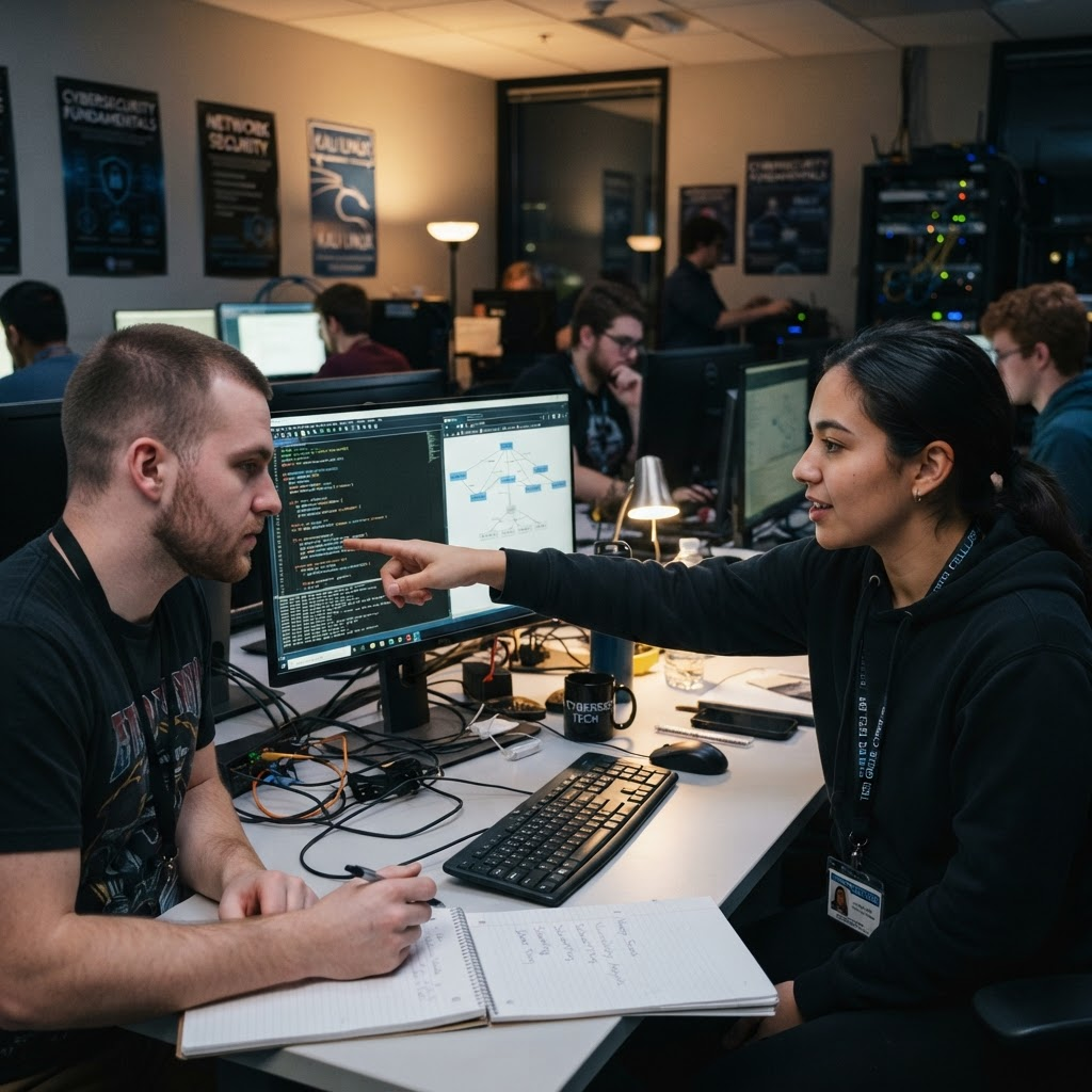 West Virginia Junior College cybersecurity and IT students working at computer workstations in a tech lab