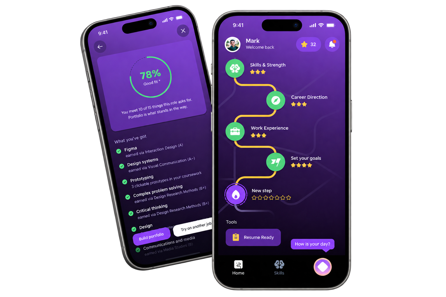 CareerLight student app: a personalized career path through Skills & Strength, Career Direction, Work Experience and Set your goals, alongside a role-fit screen showing a 78% match with the skills earned from your coursework.