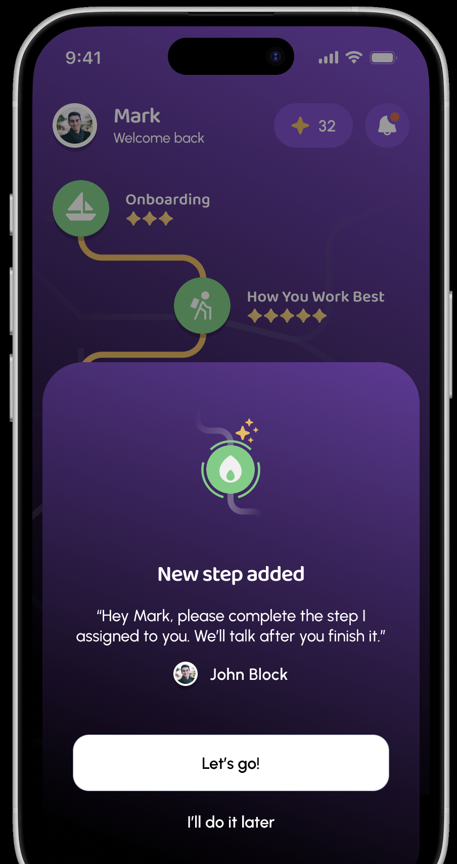 The CareerLight student app showing a new step and a message from a WVJC Career Management advisor: “New step added — please complete the step I assigned to you. We’ll talk after you finish it.”